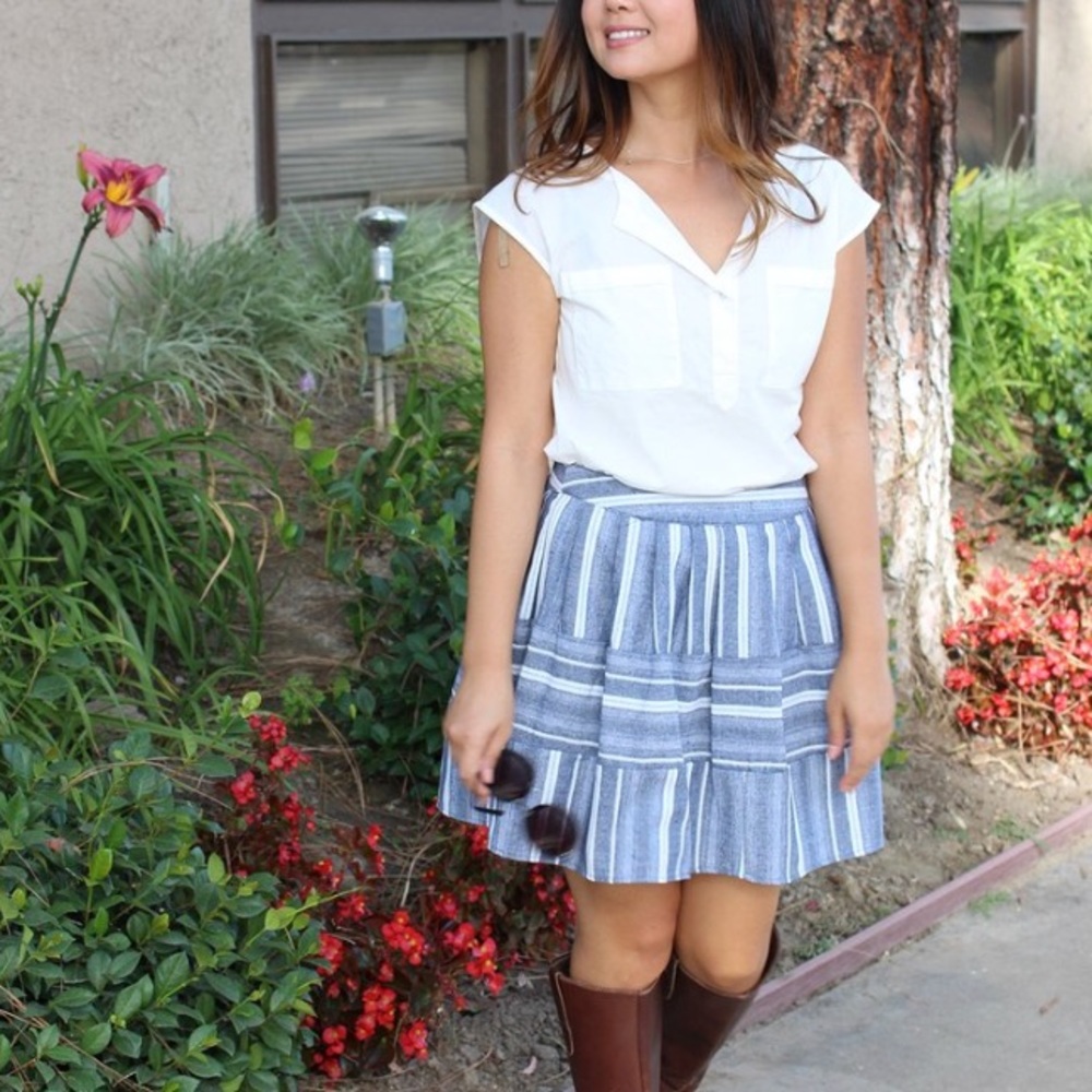JOA White & Denim Striped Linen Skater Skirt